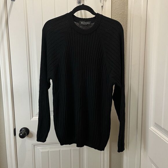 Brandini Men's Size L Crewneck Long Sleeve Ribbed Sweater 100% New Wool Black - Picture 2 of 10